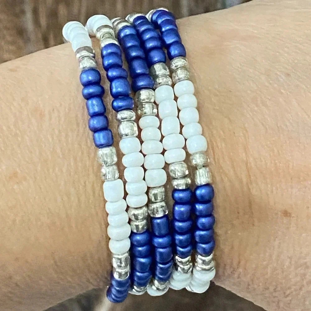 Navy Blue Silver & White Handmade Large Seed Bead Bracelet Necklace
